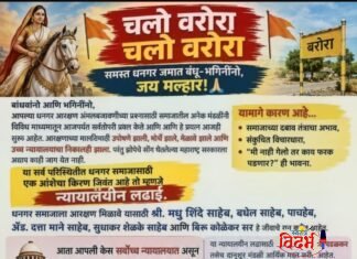 धनगर आरक्षणासाठी ‘चलो वरोरा’चा एल्गार ७ सप्टेंबरला तहसील कार्यालयावर विराट एकजूट. १८ सप्टेंबरच्या सर्वोच्च न्यायालयीन सुनावणीपूर्वी सरकारवर दबाव वाढविण्यासाठी धनगर समाजाची निर्णायक हाक